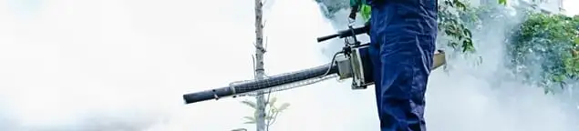 Pest control technician fogging an outdoor area for insect control in Salt Lake City, UT